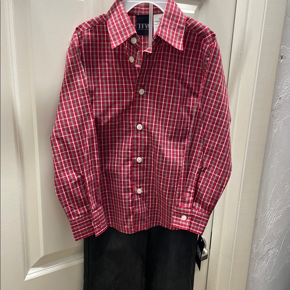 NWT Red Plaid Boys Dress Shirt and Pant Set, size 5